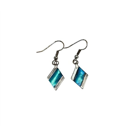 Unbranded Diamond Shaped Abalone Shell Silver Tone Dangle Fish Hook Earrings - Picture 1 of 4